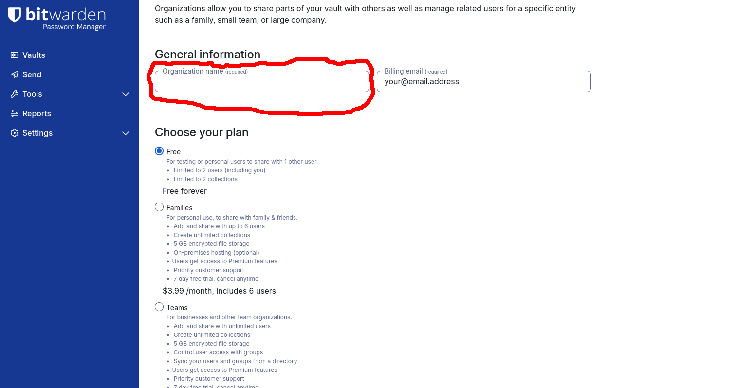 Create Bitwarden Org